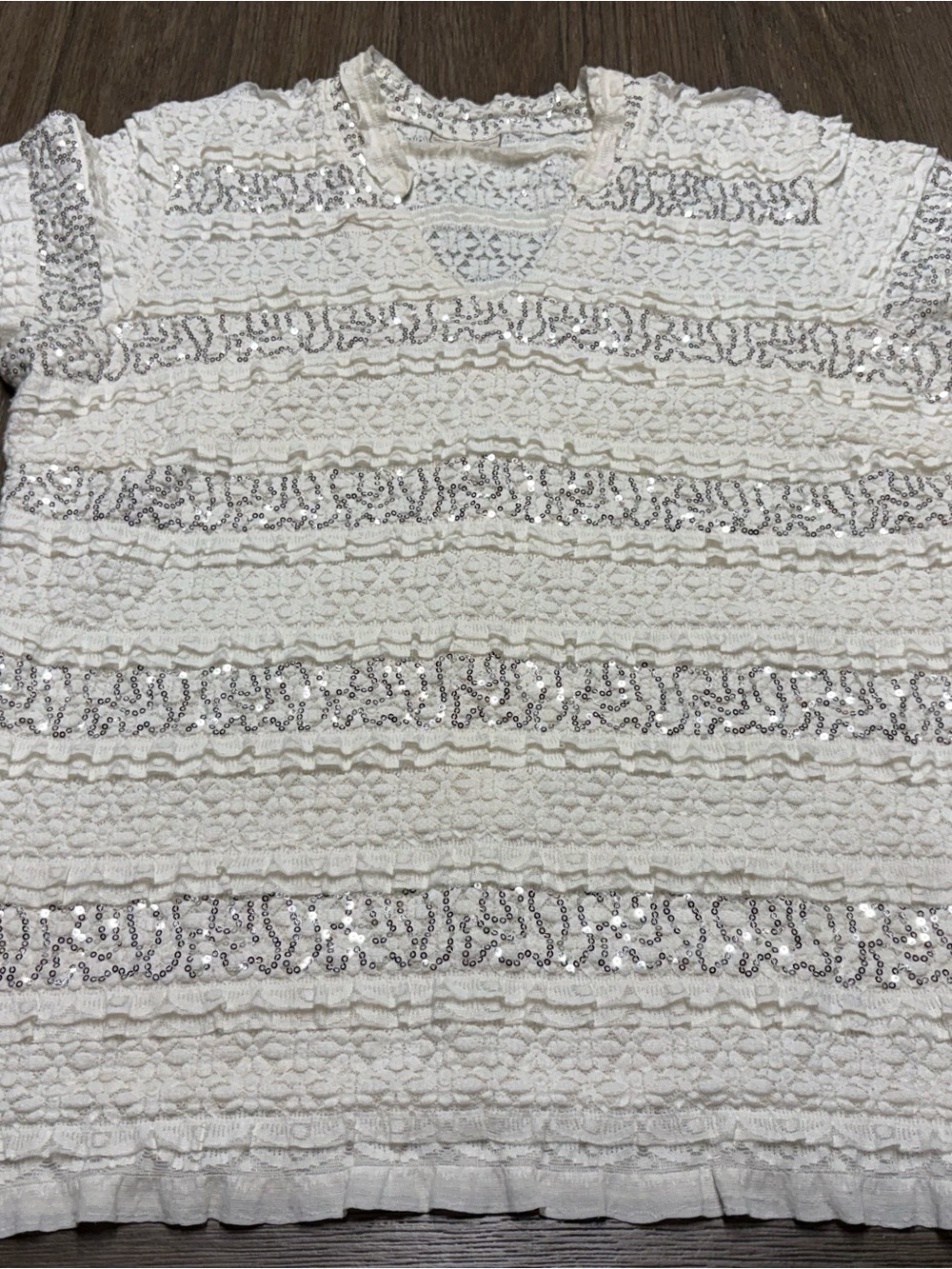 Carmen Lucia Cream Lace Sequin Boho Ruffle Top Women’s L Estimated